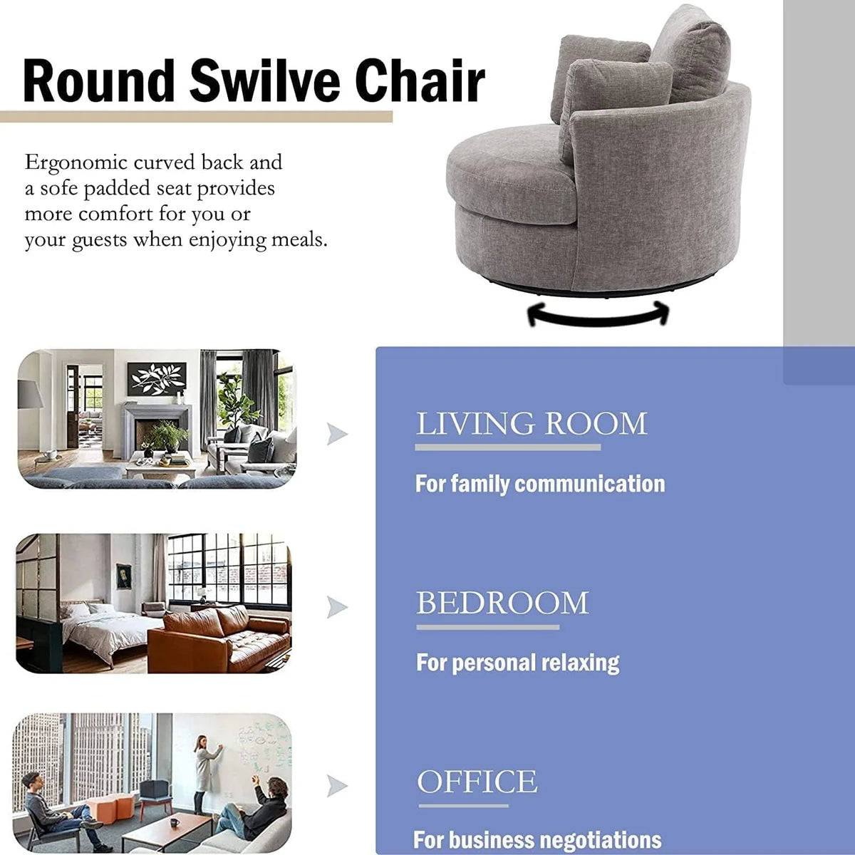 42" W Small Loveseat Sofa Couch, Swivel Barrel Chairs for Bedroom 360 Degree Swivel Accent Chairs for Living Room, Chenille Fabric Club Chair Chaises Lounges for Living Room/Office/Hotel, Grey