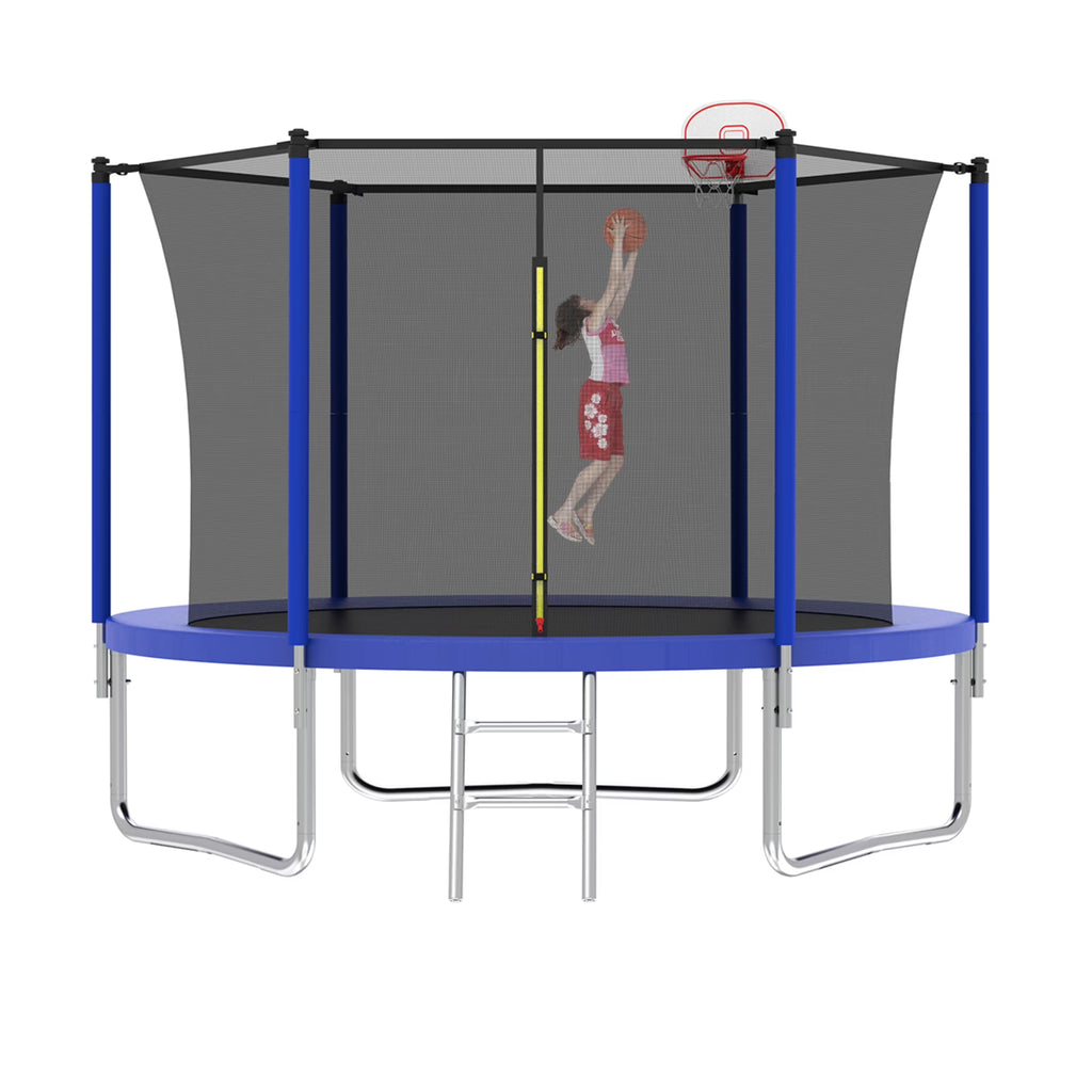 8FT Trampoline for Kids,Outdoor Trampoline with Basketball Hoop,Heavy-Duty Trampoline with Safety Enclosure Net,Blue