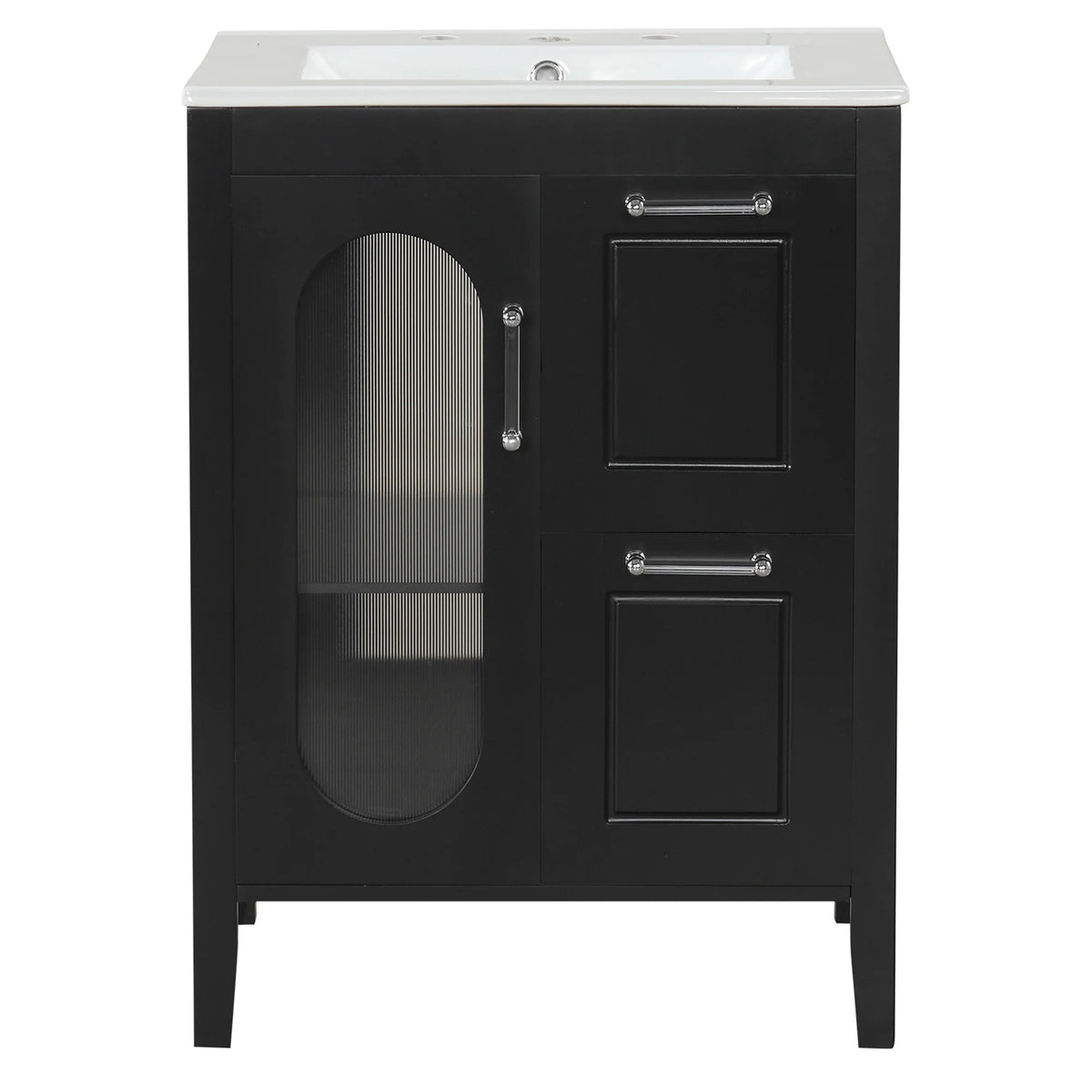 Soges 24" Bathroom Vanity with Ceramic Sink, Solid Wood Bathroom Makeup Cabinet with Door, Adjustable Shelf and 2 Drawer, Free Standing Single Basin Vanity Set for Small Bathroom, White