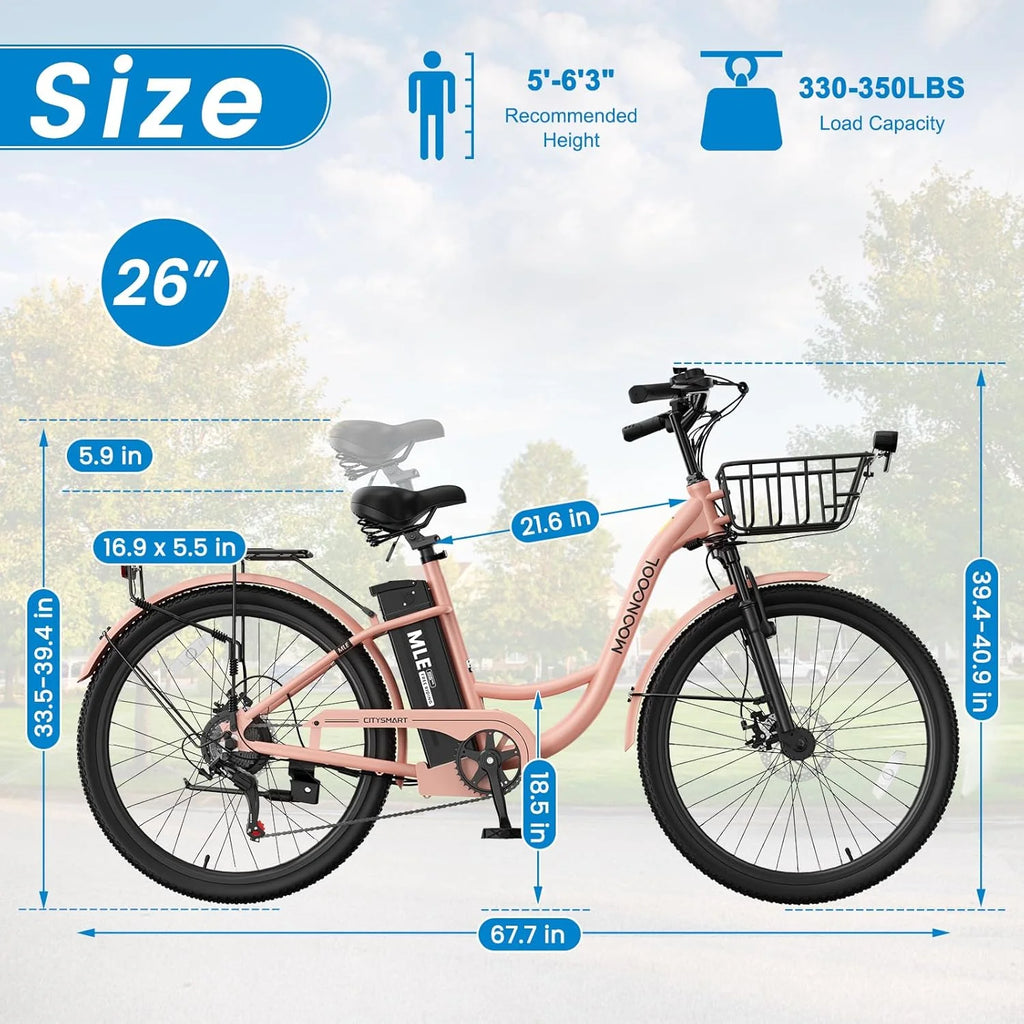 MOONCOOL Electric Bicycle for Adults 350W , 7-Speed Ebike with 36V 10.4Ah Removable Battery 40 Miles Range , 20 mph Electric Commuter Bike for Women Men, Certified to UL 2849 by SGS