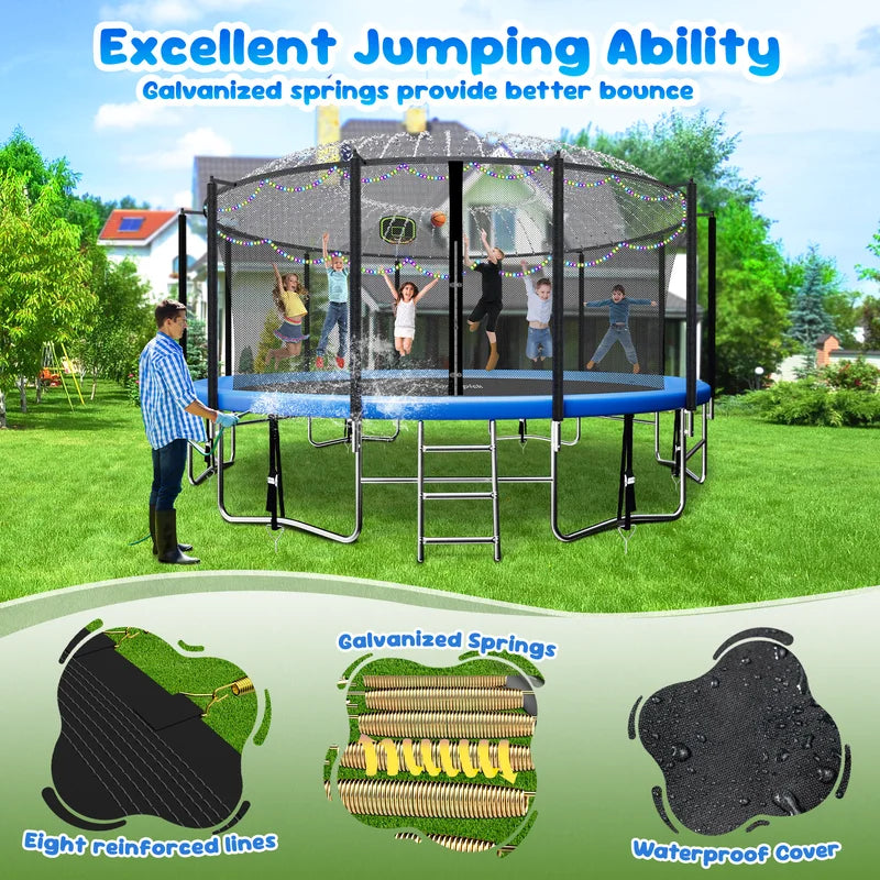 16FT Trampoline for 8-9 Kids Adults with Basketball Hoop, Enclosure, Light, Sprinkler, Socks, 2000LBS Outdoor Round Heavy Duty Recreational Backyard Trampoline