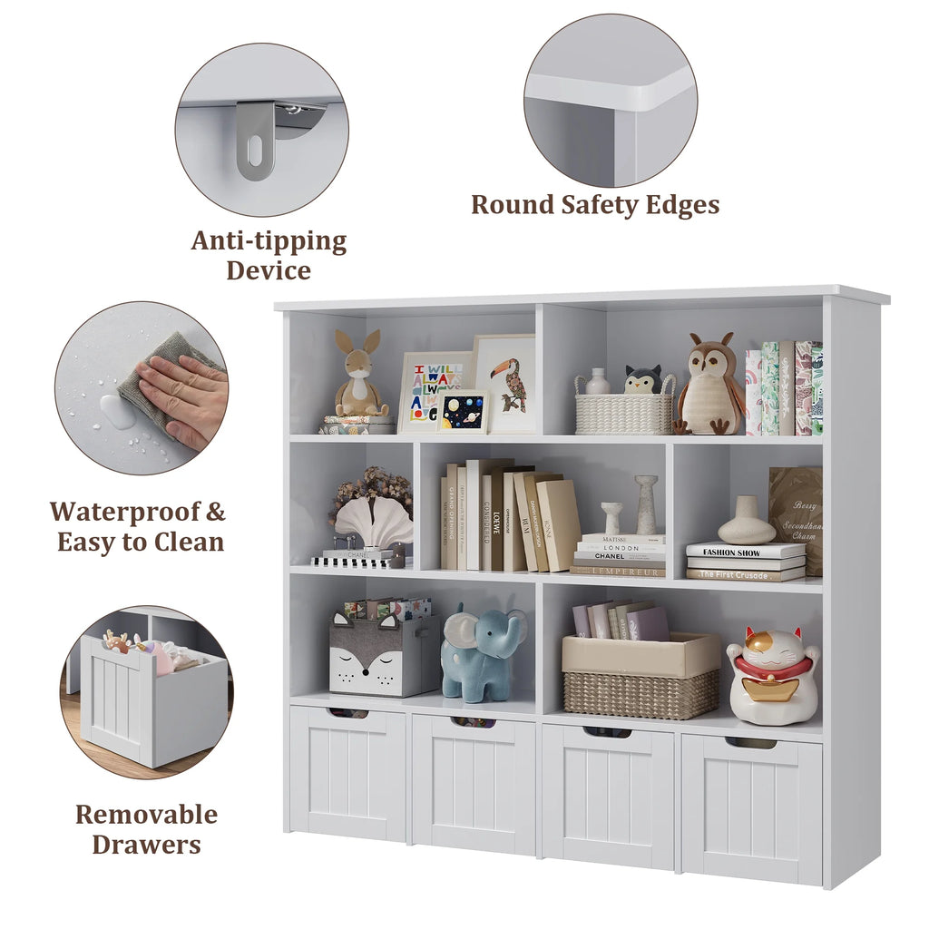 Homfa 7 Cube Toy Storage Organizer, Kids Geometric Bookcase and Bookshelf with 4 Drawers, White