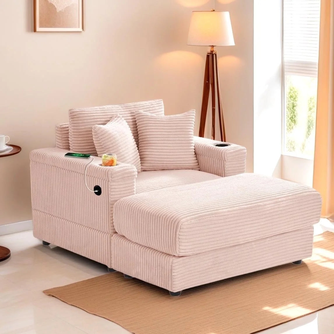 Wiilayok Oversized Lounge Chair Indoor,54" Corduroy Cloud Chaise Lounge Couch Indoor with Ottoman,Cup Holder for Living Room,Bedroom,Beige