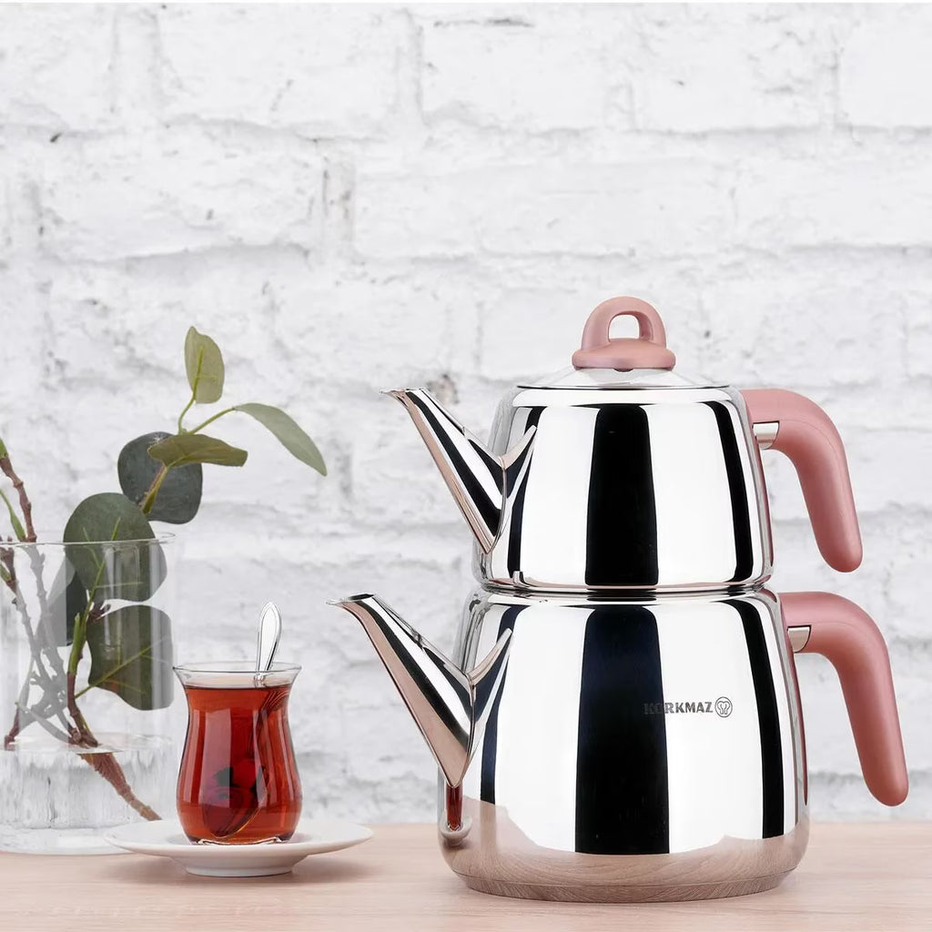 Korkmaz A045 Bella Nora Turkish Teapot Set for Stovetop,  18/10 Stainless Steel Double Tea Maker with Bakalite Handles, Samovar Style Tea Kettle with 33.9 Oz ( 1000ml) & 67.7 Oz (2000ml)