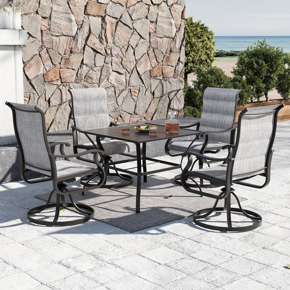 ELPOSUN Patio Swivel Chairs Set of 2, Outdoor Dining Chairs High Back All Weather Breathable Textilene Outdoor Swivel Chairs with Metal Rocking Frame for Lawn Garden Backyard Deck, Khaki