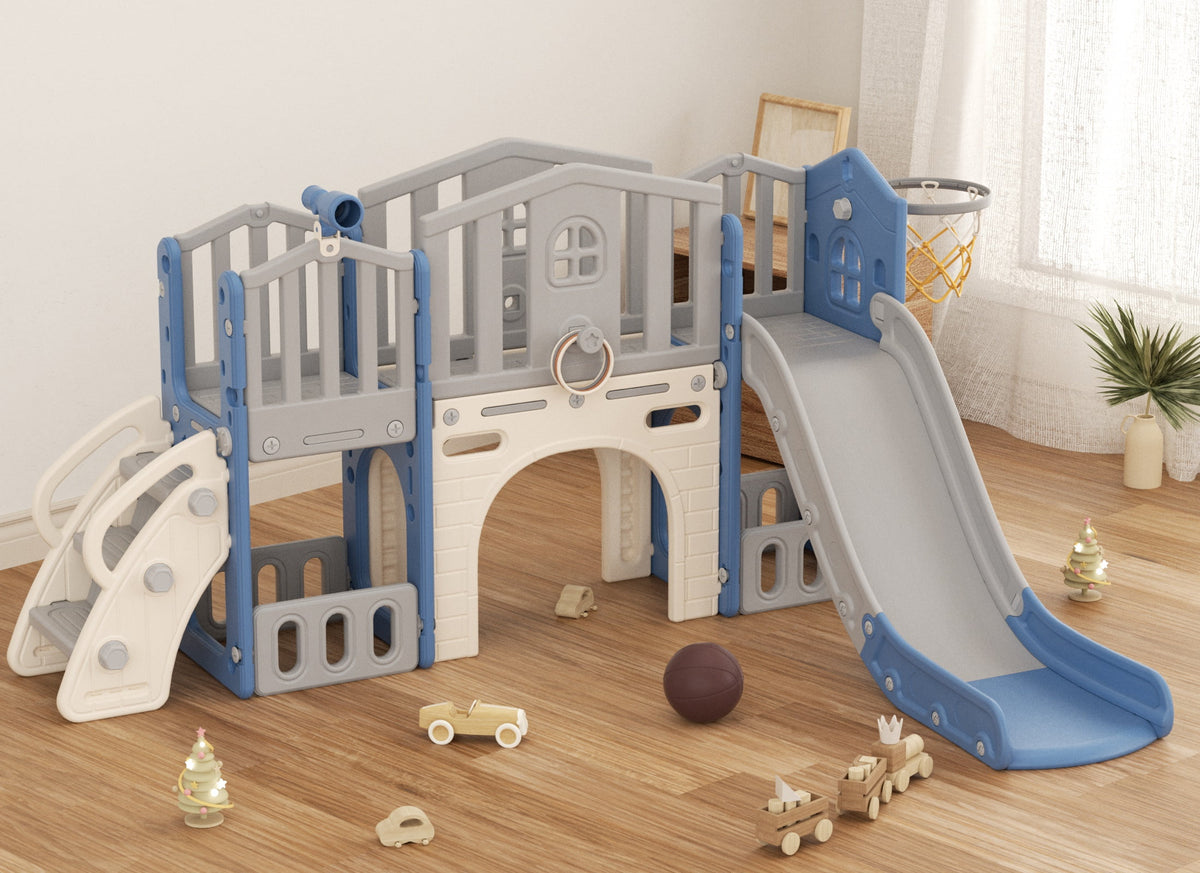 KORIMEFA 9 in 1 Kids Toddler Slide Set, Toddler Climber Slide for Age 1-3 with Basketball Hoop & Ball, Indoor Outdoor Playground Slide, Blue