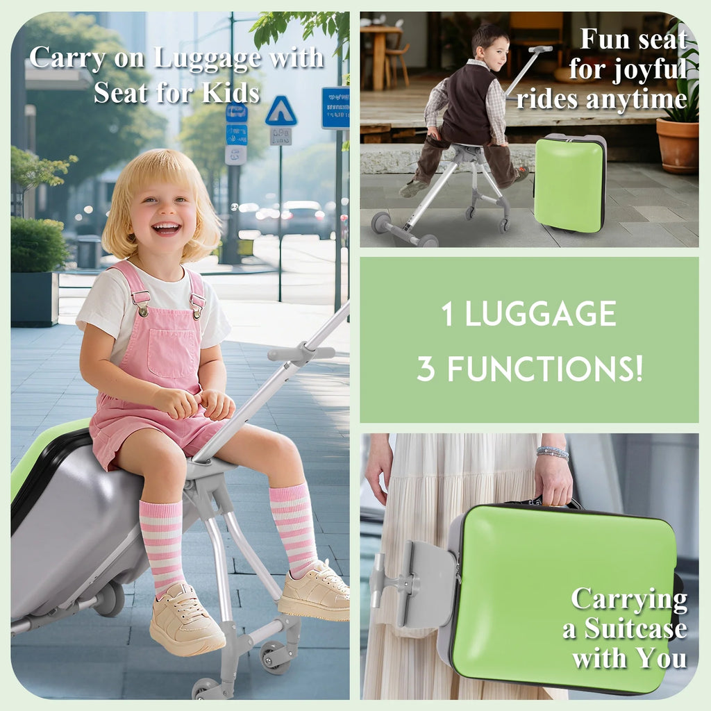 Fridtrip 20 Inch Hardside Carry on Luggage - 3-in-1 Kids Ride-on Suitcase with Spinner Wheels, Child Seat & Stroller Design, Lightweight Hard Shell Travel Luggage with Large Capacity for Family Trips