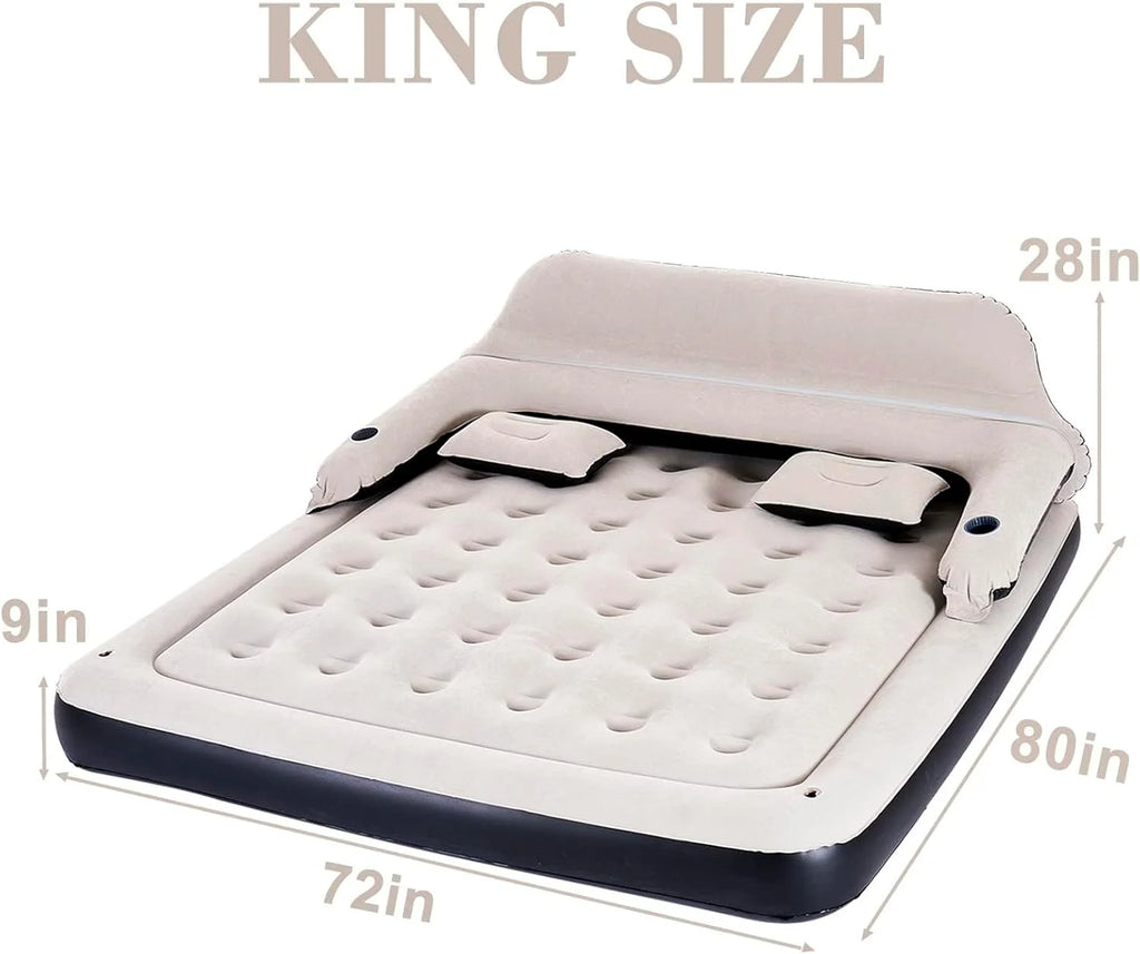 Queen Size Air Mattress Sofa Bed with Headboard and Pillow, Inflatable Bed for Outdoor Overnight