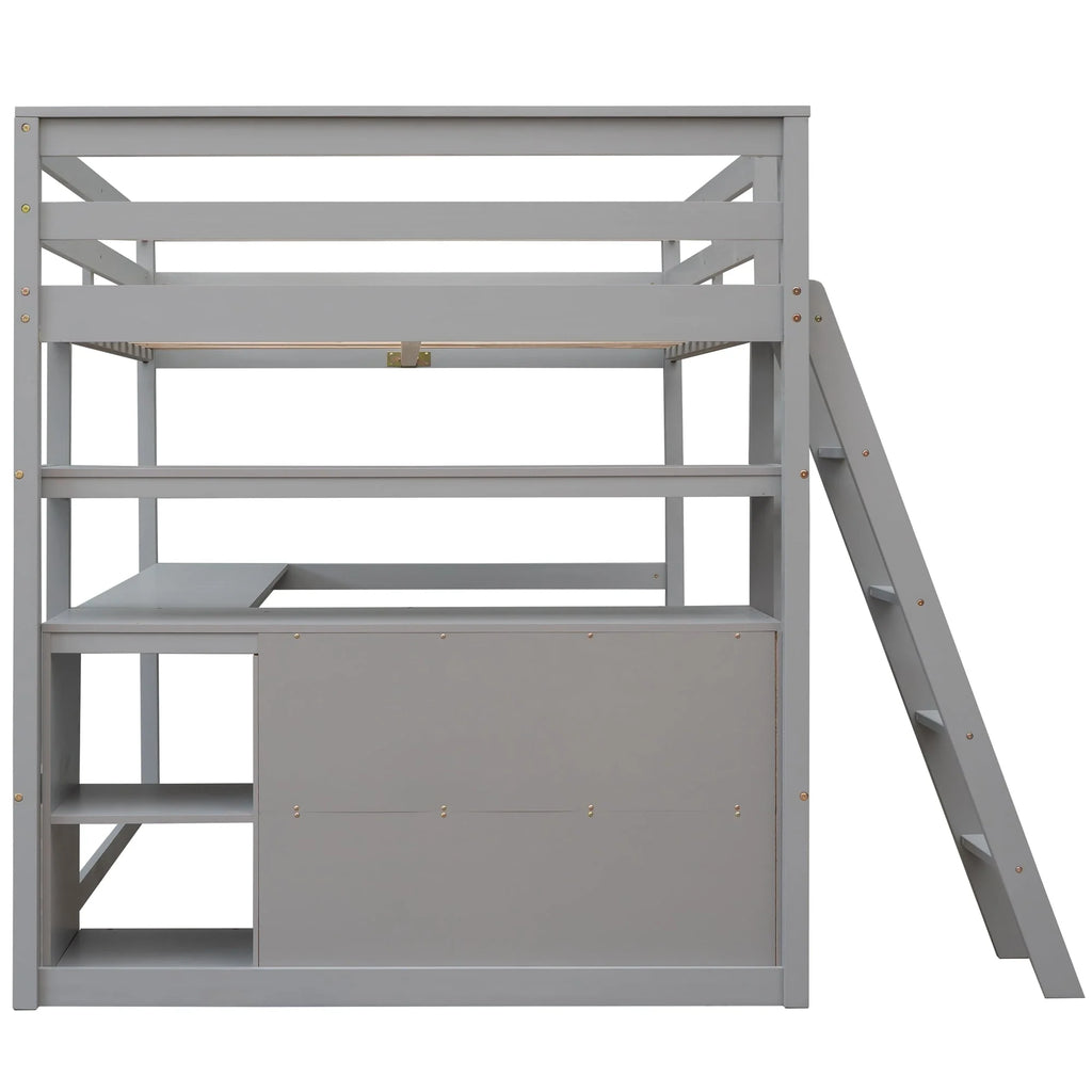 Euroco Full Size Wood Loft Bed with Desk, Shelves and Cabinets for Kids Room, Incline Ladder and 3 Drawers, Gray