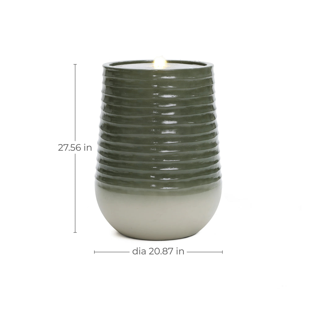 LuxenHome 20" Resin Lighted Garden Bubbling Water Fountain with Emerald Ribbed Top and Ivory Bottom