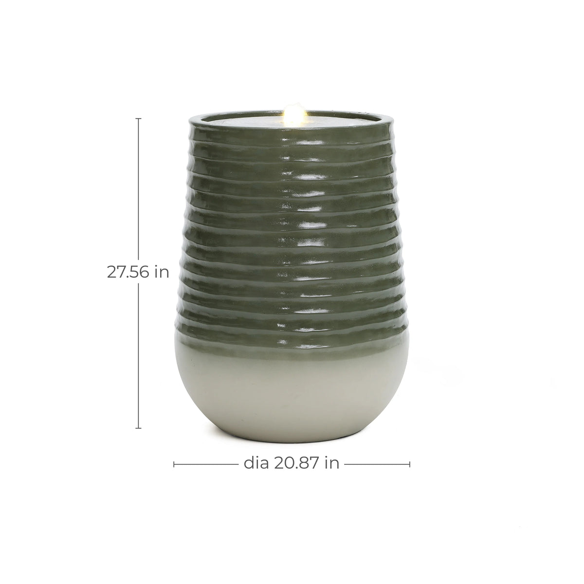 LuxenHome 20" Resin Lighted Garden Bubbling Water Fountain with Emerald Ribbed Top and Ivory Bottom