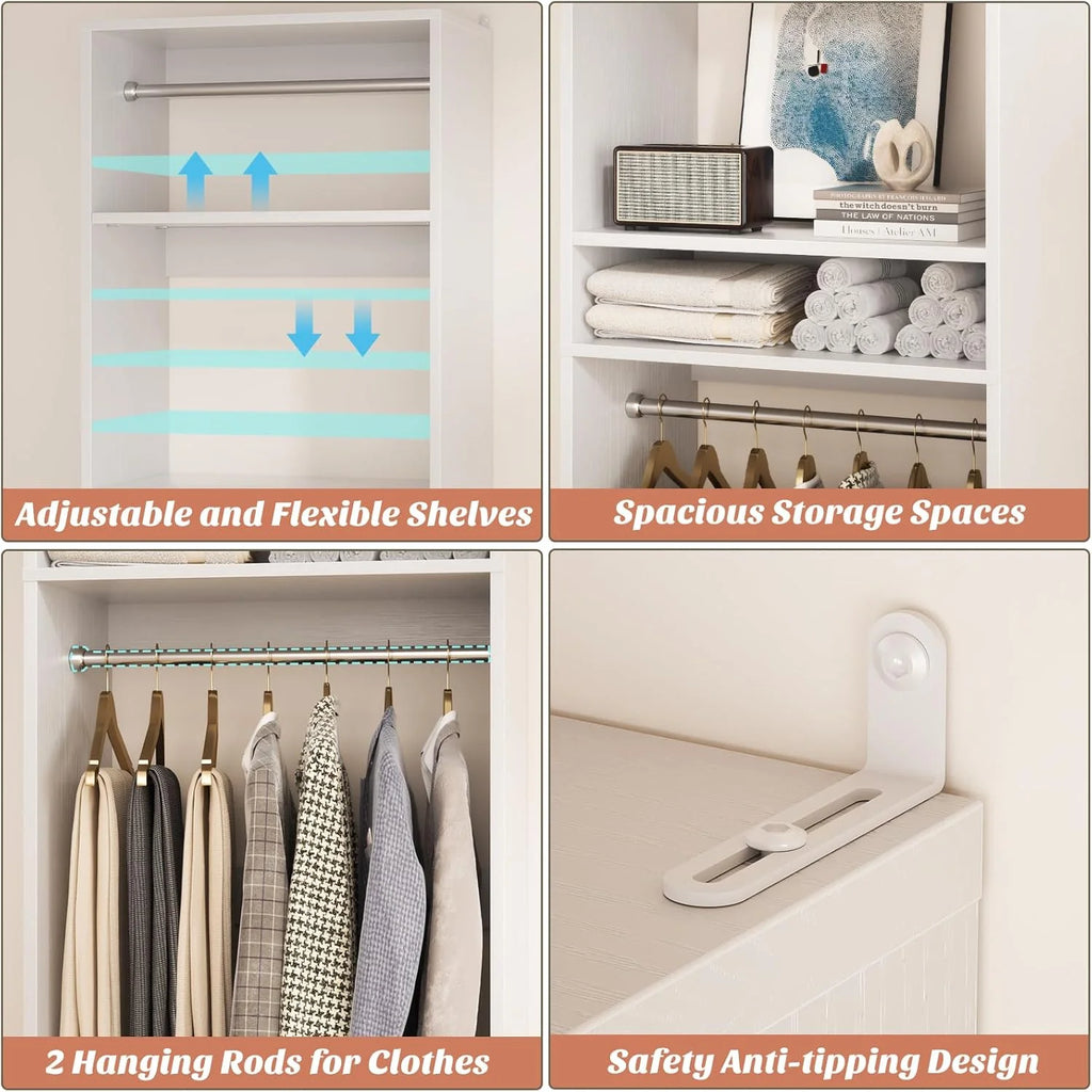 Homieasy 25 Closet System, Freestanding Closet Organizer Wardrobe with Hanging Rods and Shelves, Adjustable Clothes Garment Rack, Sturdy Walk in Closet Tower, White
