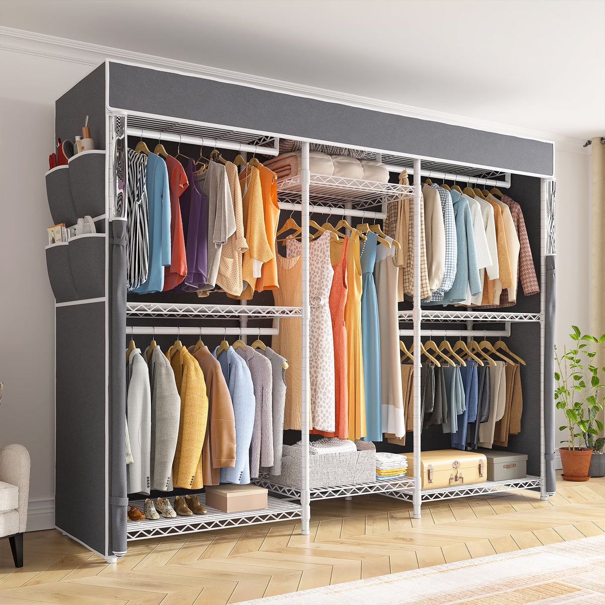 Heavy Duty Clothes Rack with Cover Loads 900LBS, Clothing Racks for Hanging Clothes, Freestanding& Adjustable Closet with Cover, Black, 74.9" Wx17.8 Dx76.9 H