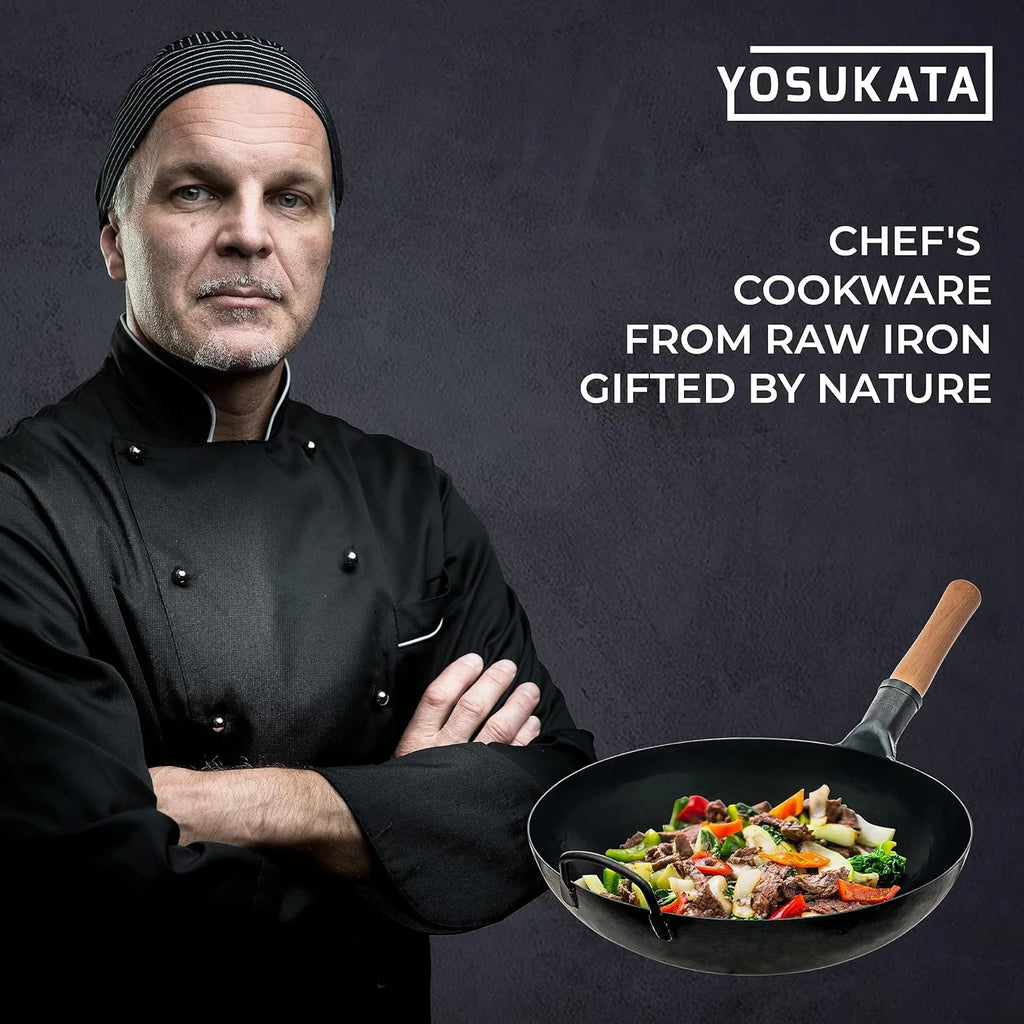YOSUKATA 13.5" Carbon Steel Wok Pan Pre-Seasoned Flat Bottom Wok for Stir Fry, BBQ & Camping Works with Induction, Gas, Electric & Open Fire