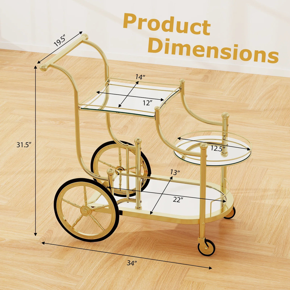Gymax 3-Tier Home Bar Serving Cart on Wheels w/ Mirrored Shelves for Kitchen