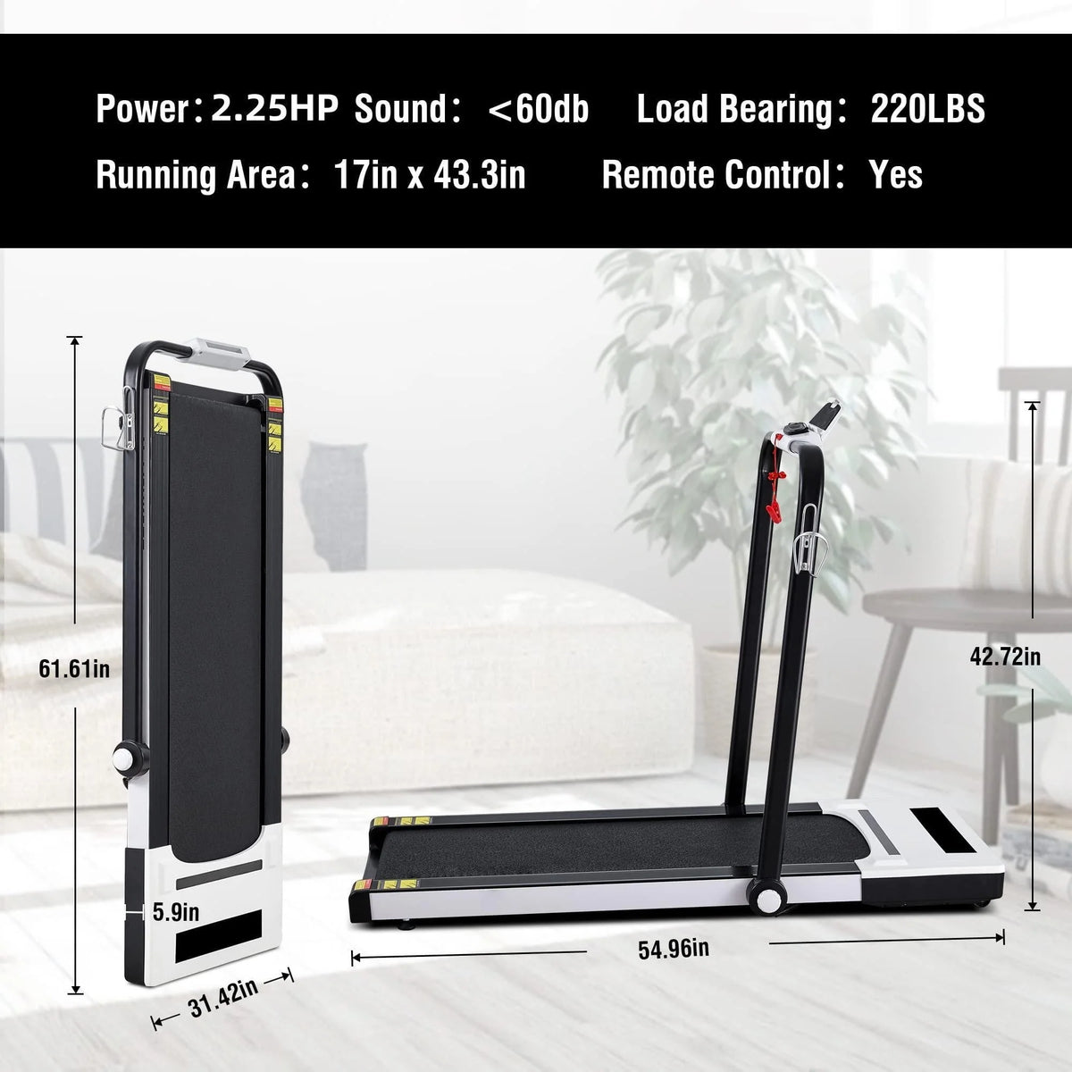 MaxKare 2 in 1 Folding Treadmill 2.25 HP Under Desk Treadmill for Home, 0.5-7.5MHP Remote Control 220lbs Weight Capacity