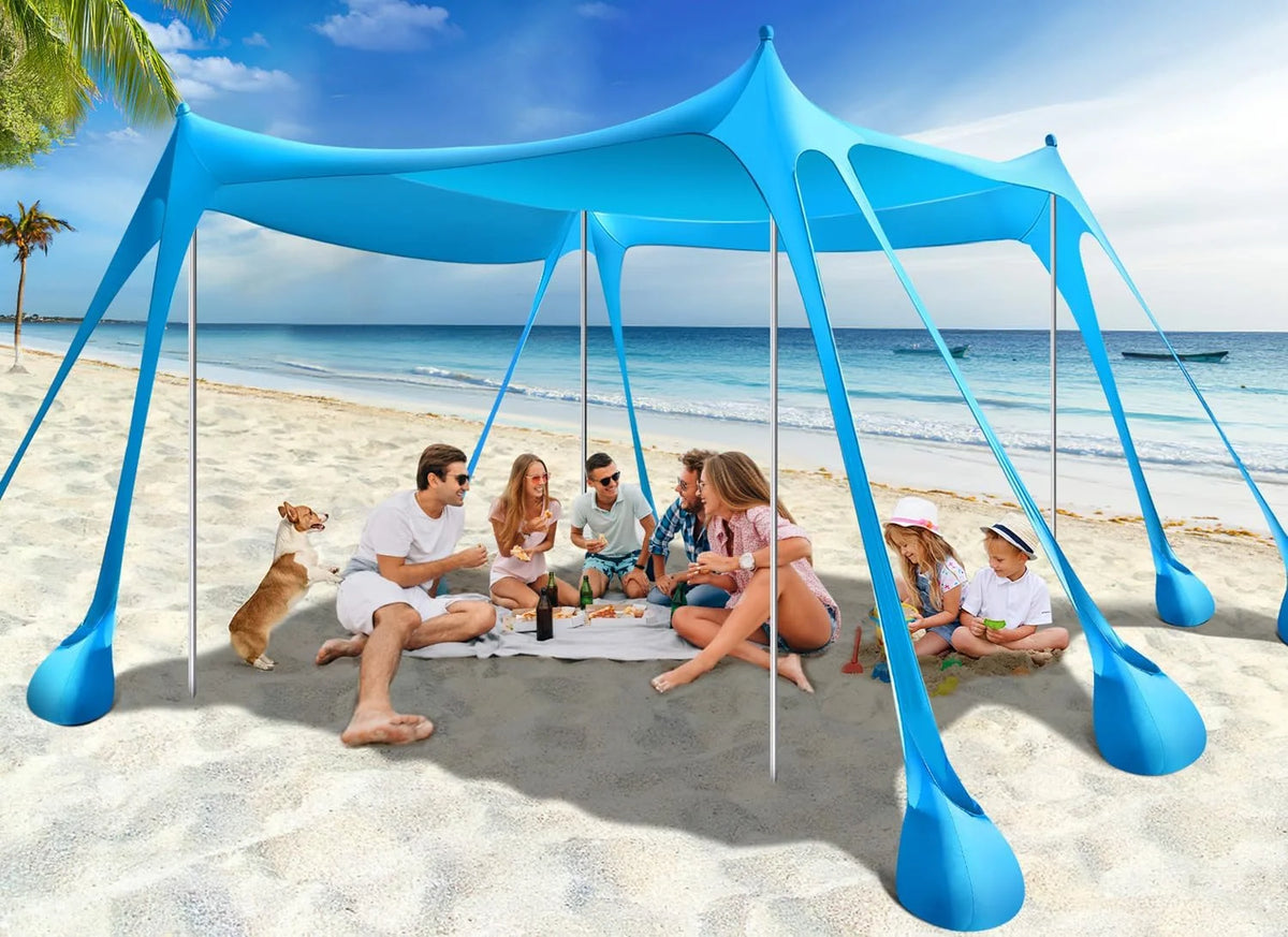 Rhino Valley Beach Tent Sun Shelter, Beach Canopy Tent Sun Shade U PF 50+ Protection with 8 Sandbags 4 Stability Poles, Outdoor Beach Shade Canopy for Beach, Camping, Fishing