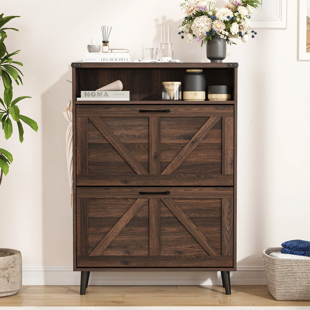 Veanerwood Shoe Cabinet with 2 Flip Drawers Farmhouse Shoe Storage Cabinet Organizer for Entryway, Gray