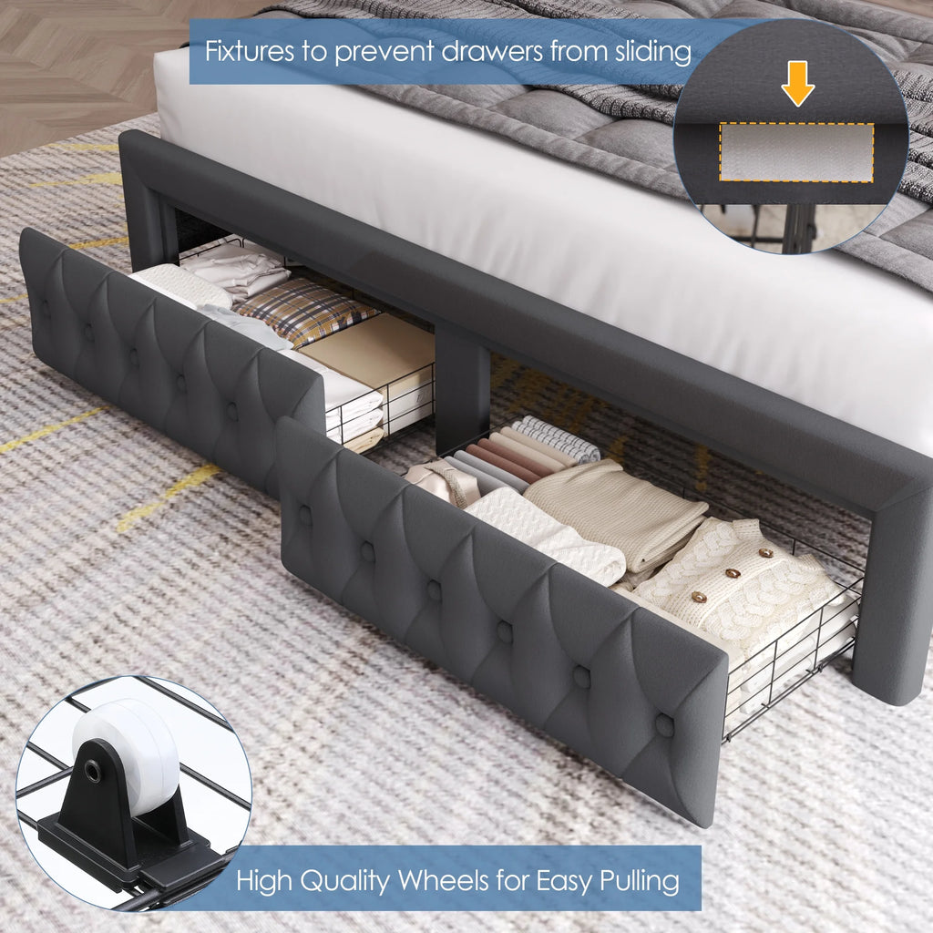 Hiphuta Modern Queen Bed Frame with 2 Drawers, LED Lights Platform Bed Frame, Sturdy Beds Frame with Upholstered Button Tufted Headboard, Velvet White