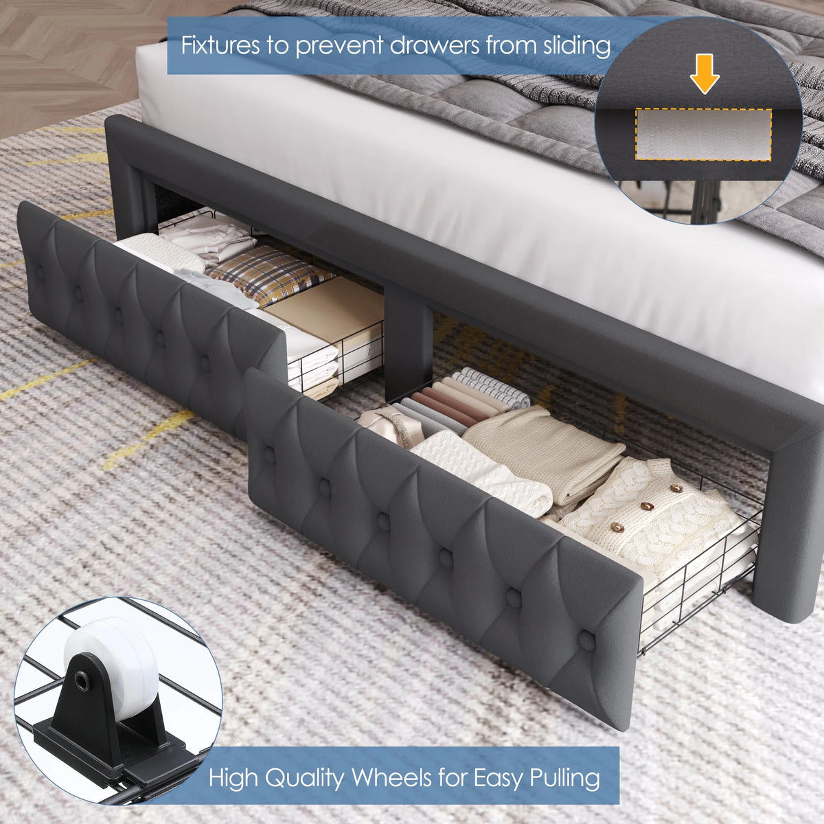 Hiphuta Modern Queen Bed Frame with 2 Drawers, LED Lights Platform Bed Frame, Sturdy Beds Frame with Upholstered Button Tufted Headboard, Velvet White