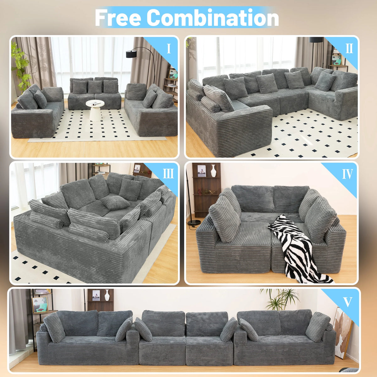 SOULART 135.5 Modular Customizable/L/U-Shape Sofa,Dark Grey Boneless Sectional Couch -  6-Seater Corduroy Couchfor Living Room Furniture
