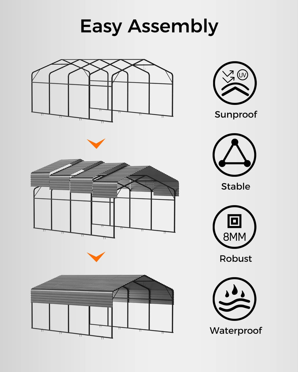 12x20FT Heavy Duty Metal Carport - Galvanized Steel Roof, Reinforced Frame, High Wind & Snow Rating - Shelter for Cars, Trucks, Boats