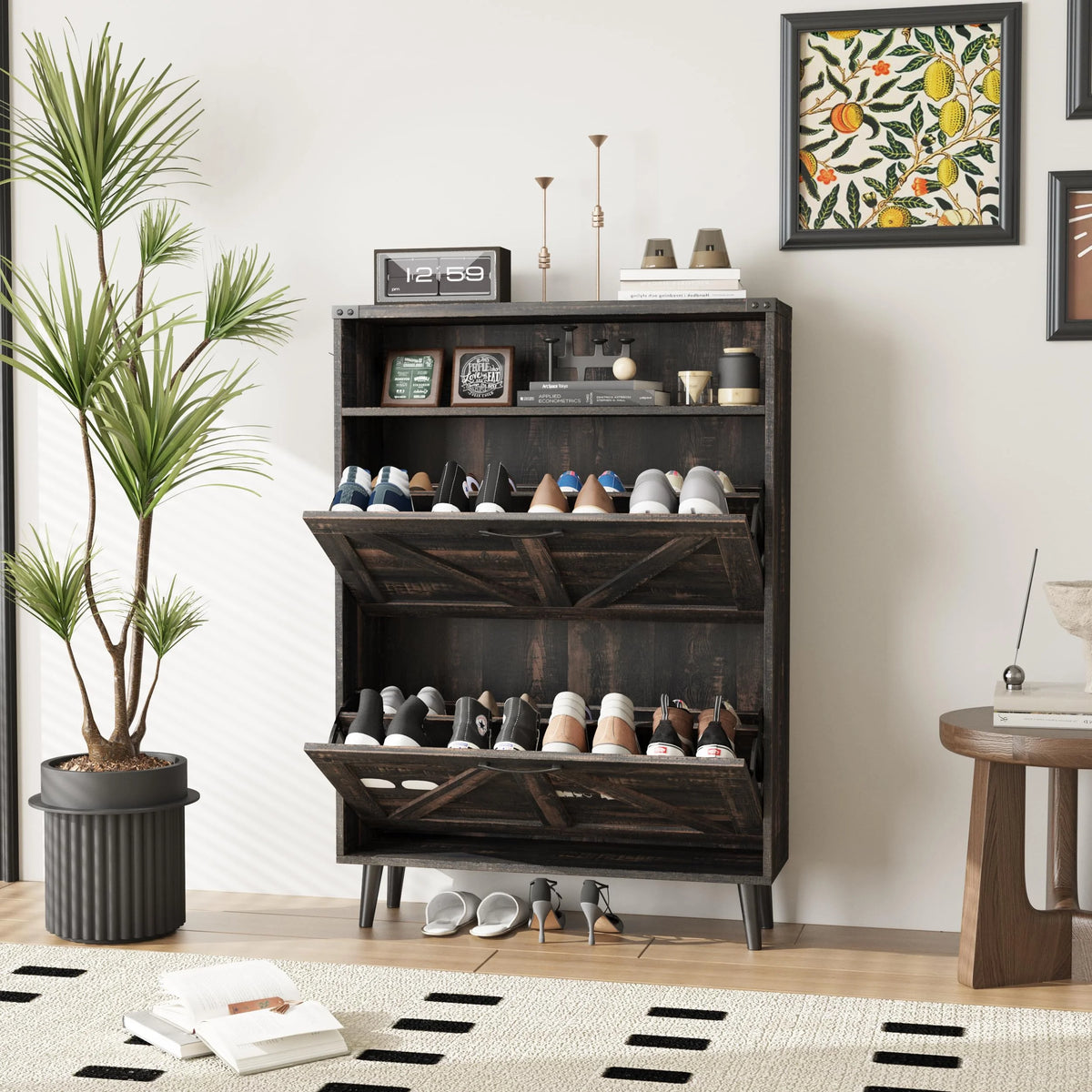 Veanerwood Shoe Cabinet with 2 Flip Drawers Farmhouse Shoe Storage Cabinet Organizer for Entryway, Gray