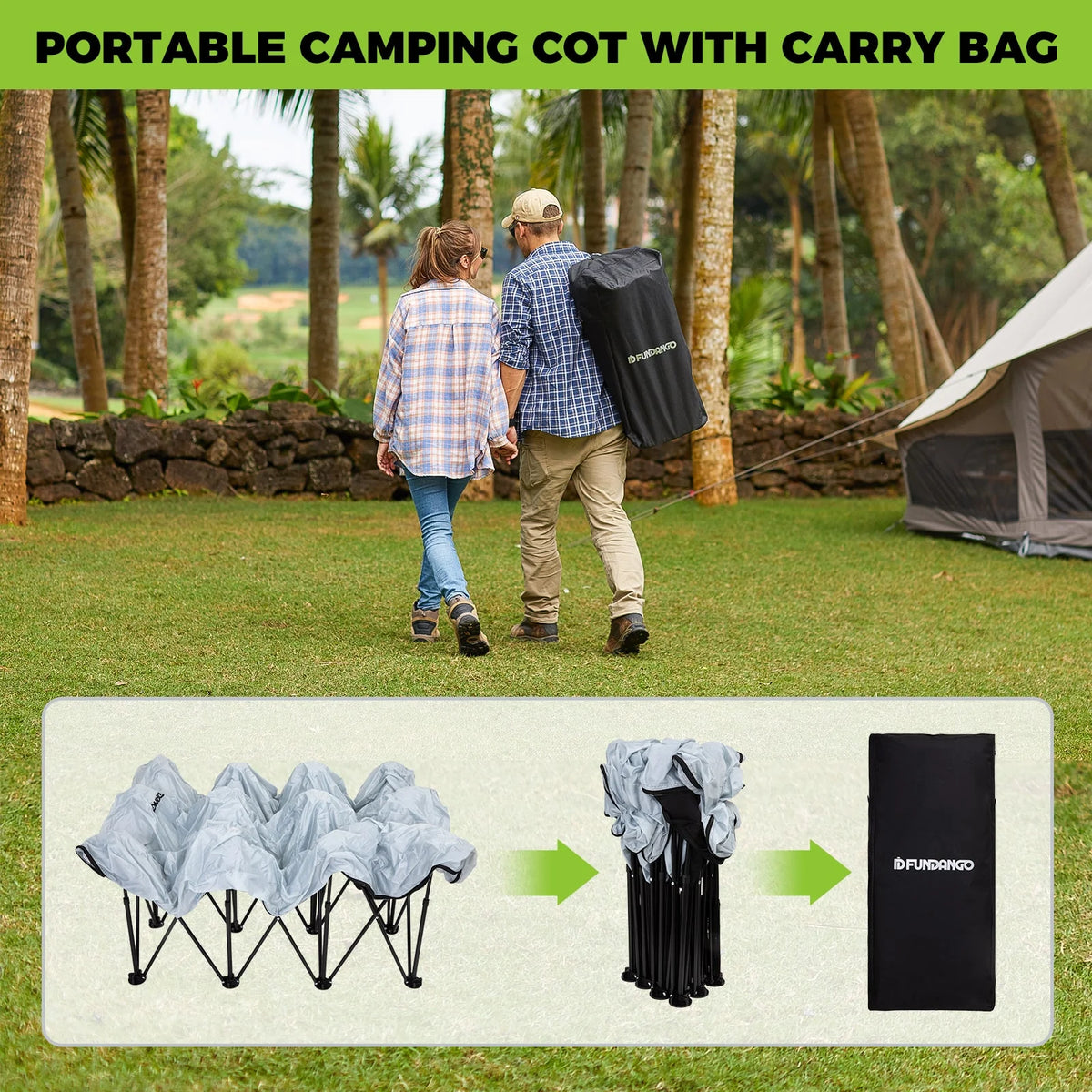 FUNDANGO 2 Person Folding Camping Cots with Air Mattress and Pump Comb, Double Portable  Inflatable  Camp Bed with Side Table, Support 529lbs Camping Bed Queen Size for Adults