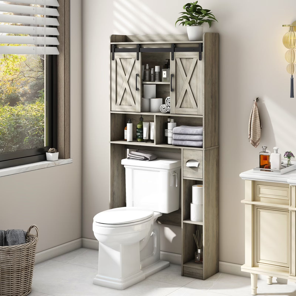 Over The Toilet Storage Cabinet, Farmhouse Storage Cabinet Over Toilet with Sliding Doors Home Space-Saving Toilet Rack, for Bathroom, Restroom, Laundry