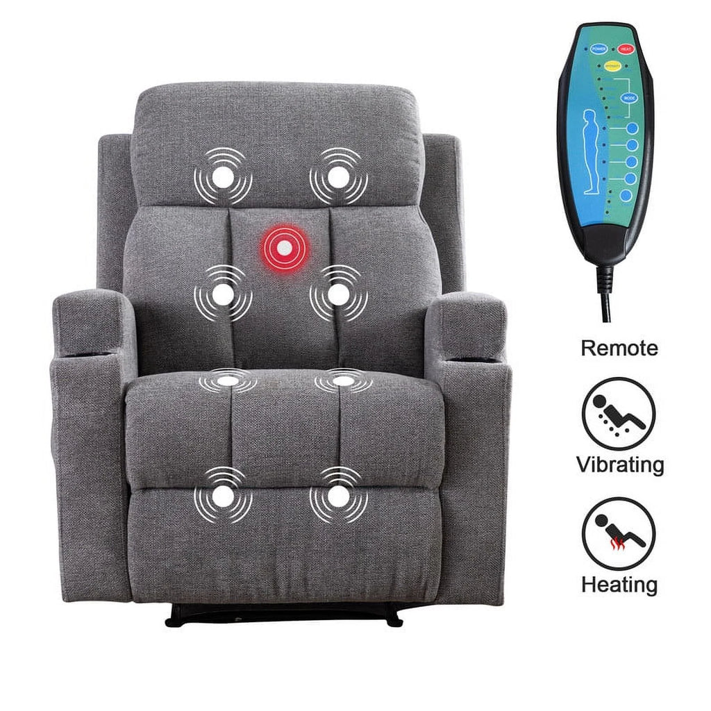 Bonzy Home Heated Manual Massage Recliner with Cup Holder Padded Breathable Fabric Recliner, Home Theater Seating Navy