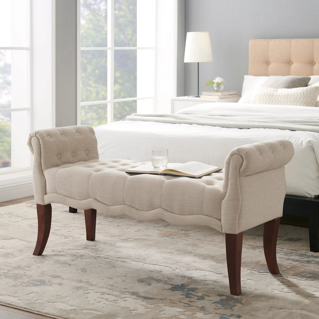 Linon Menlo Rolled Arm Button Tufted Bench, Dark Walnut Finish with Natural Fabric