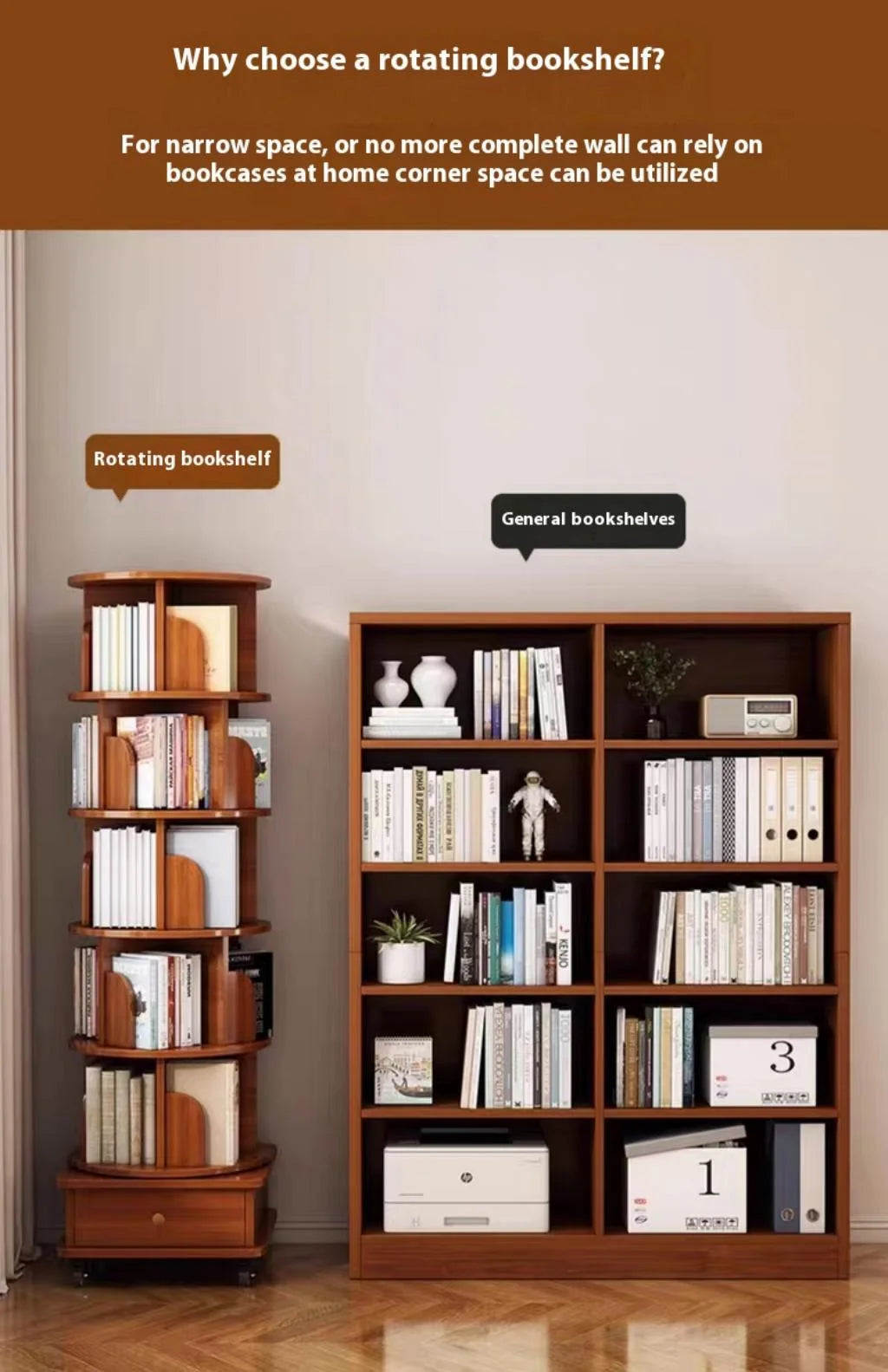 Qiushi 6-Tier Round Rotating Bookshelf with Storage Drawer, 360 Spinning Corner Bookshelf Tower for Small Space, Bookcase Storage Rack with Wheels, Wood Narrow Organizer for Bedroom, Living Room