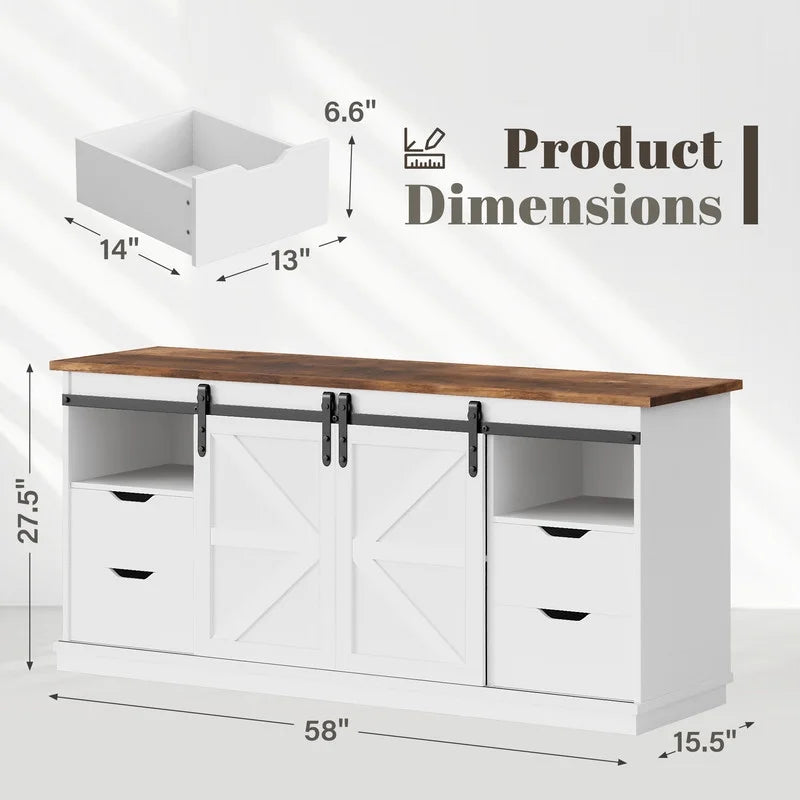 Vineego 70 inch Farmhouse TV Stand for Living Room, Entertainment Center with Sliding Barn Doors & 4 Storage Drawers, Adjustable Shelves Rustic Media Console for Bedroom,White
