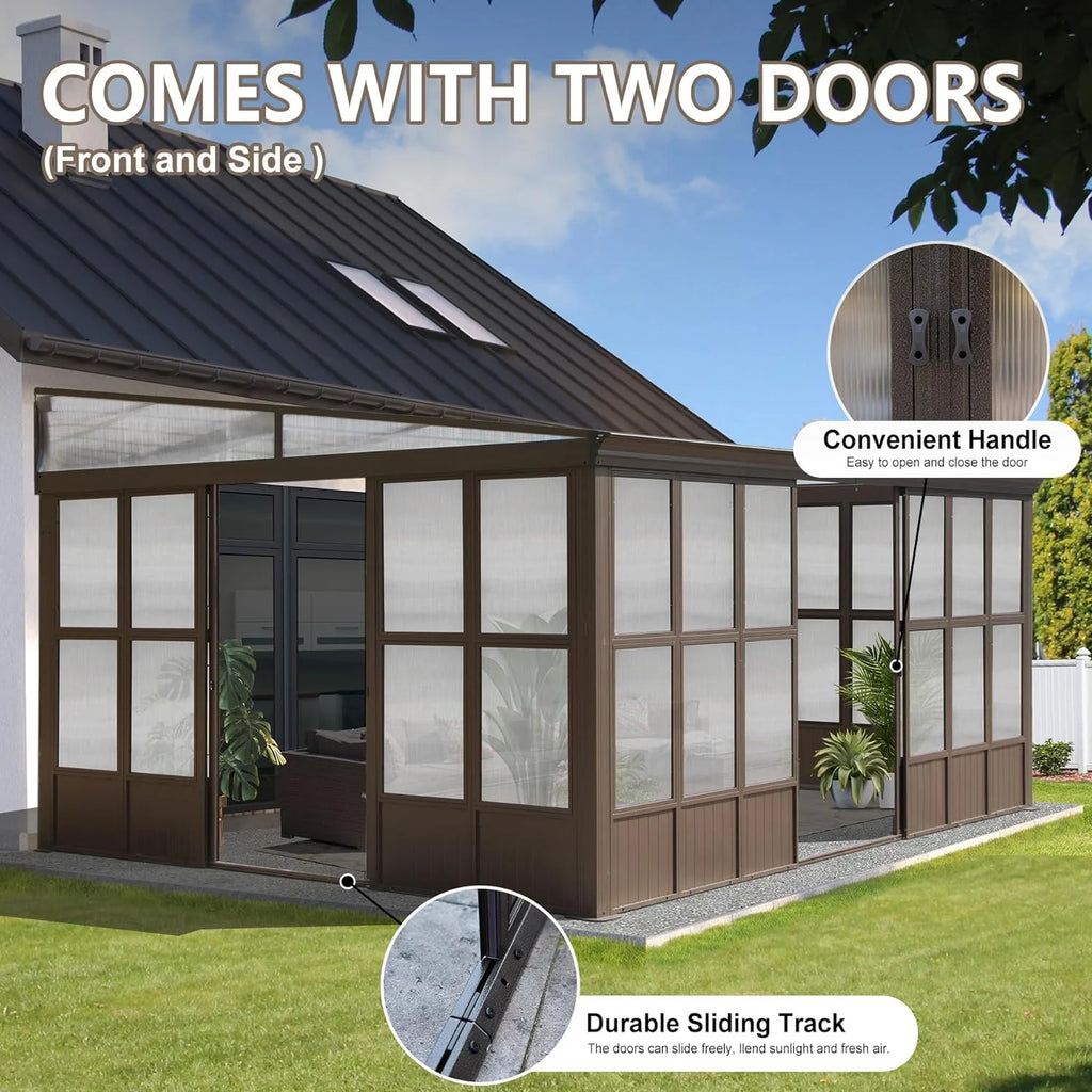 Domi Outdoor Living 10' x 12' Hardtop Lean-to Gazebo, Wall-Mounted with Galvanized Steel Roof Wall Pergola with Aluminum Frame, Curtains and Netting, for Patio, Deck, Garden, Backyard