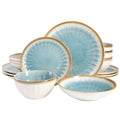 Gibson Elite Mayfair Bay 16 Piece Double Bowl Embossed Reactive Dinnerware Blue
