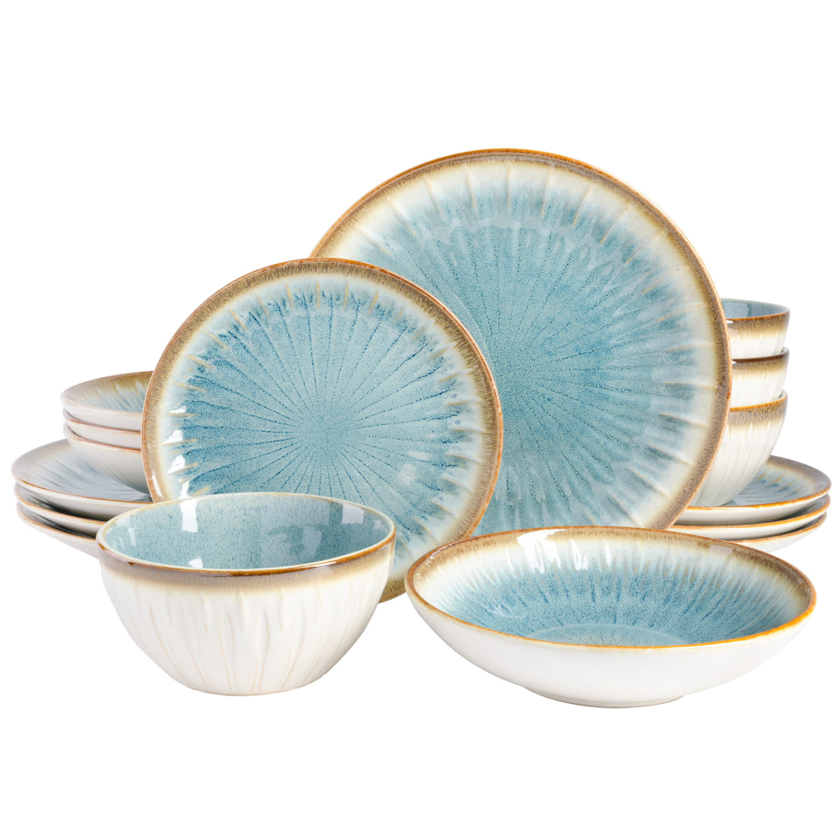 Gibson Elite Mayfair Bay 16 Piece Double Bowl Embossed Reactive Dinnerware Blue