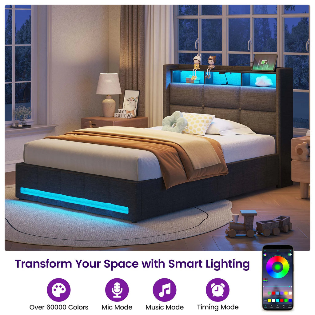 Greenstell Twin Size Lift up Hydraulic Platform Storage Bed Frame with Led Light & Charging Station, Fabric Channel Wingback Headboard, Dark Gray