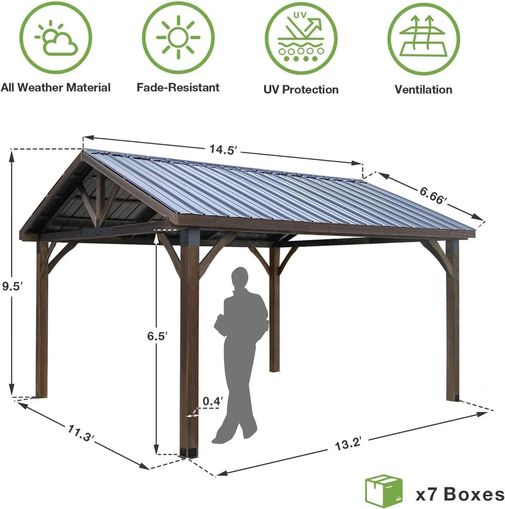 YODOLLA 14.5x12ft Outdoor Wooden Gazebo,Grill Pergola Gazebo Clearance Hard-Top Gazebo for Patios, Garden,Coffee