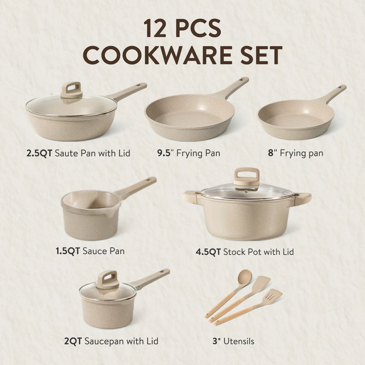 Carote 13 Pcs Nonstick Cookware Sets, Non Stick Pots and Pans Set, Induction Cookware, Taupe