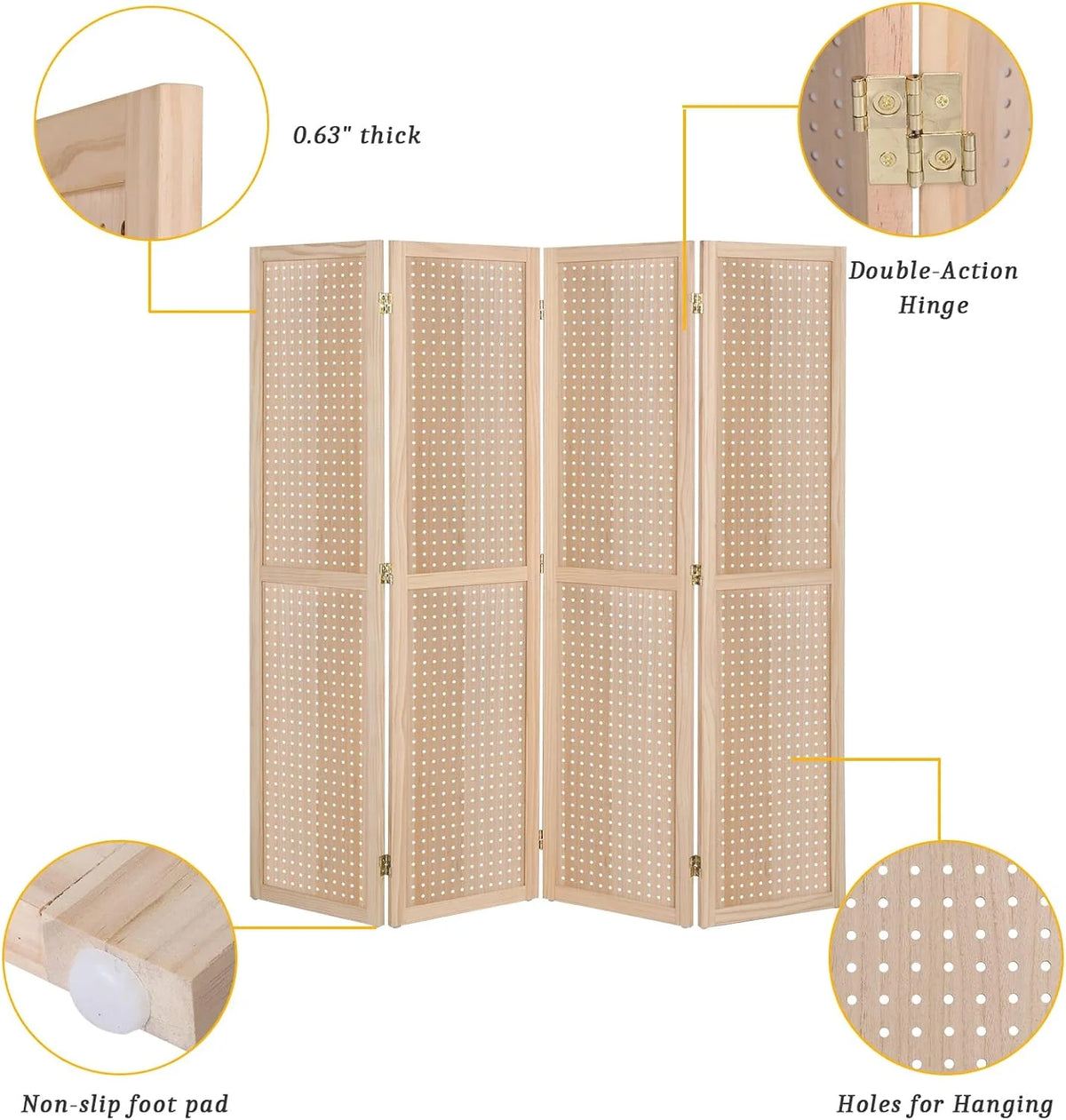 Bonnlo 4 Panel Pegboard Freestanding, 5 FT Portable Display for Craft Show Jewelry, Wooden Folding Room Divider