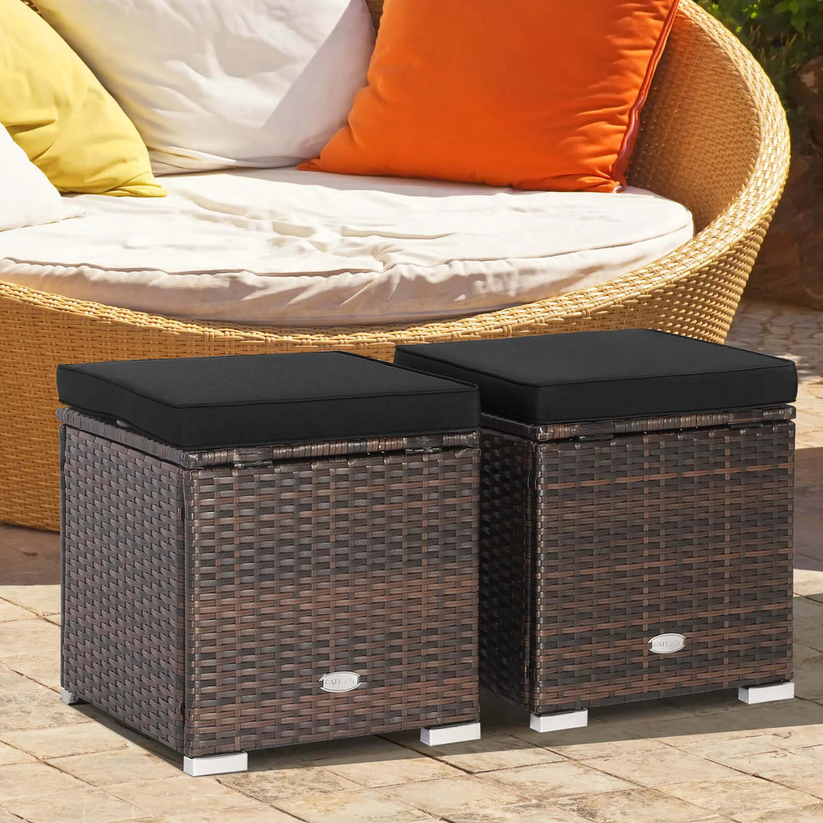 Costway 2PC Patio Rattan Ottoman Seat Side Table Storage Box Footrest Off White