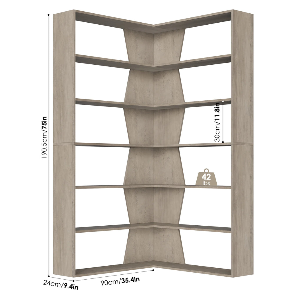 Homfa 6-Tier Corner Bookcase, L-Shaped Bookshelf with Baffle, Storage Display Rack for Office Living Room, Gray