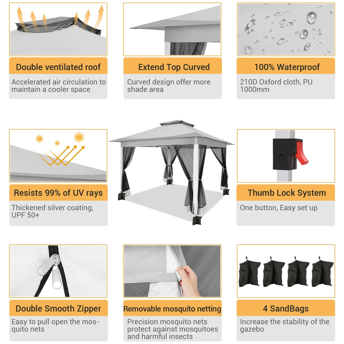 HOTEEL 12x12 Outdoor Pop-up Gazebo Canopy with Mosquito Netting 2-Tiered Vented Top 3 Adjustable Height for Backyard, Garden, Lawn,Light Grey
