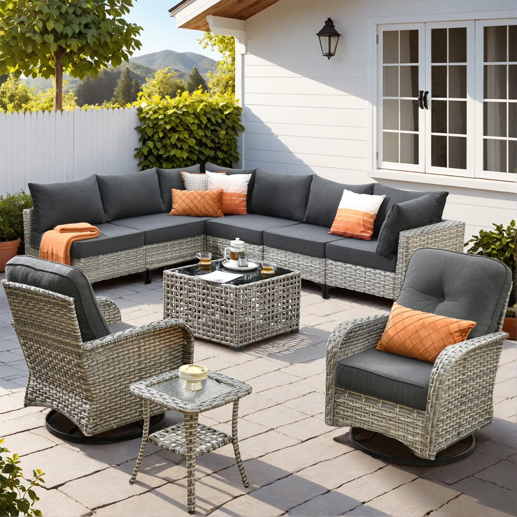 Vcatnet Outdoor Patio Furniture Sets 10 Pieces Sectional Sofa Wicker Conversation Set with Swivel Glider Chairs and Solar Powered Coffee Table for Porch,Backyard,Gray
