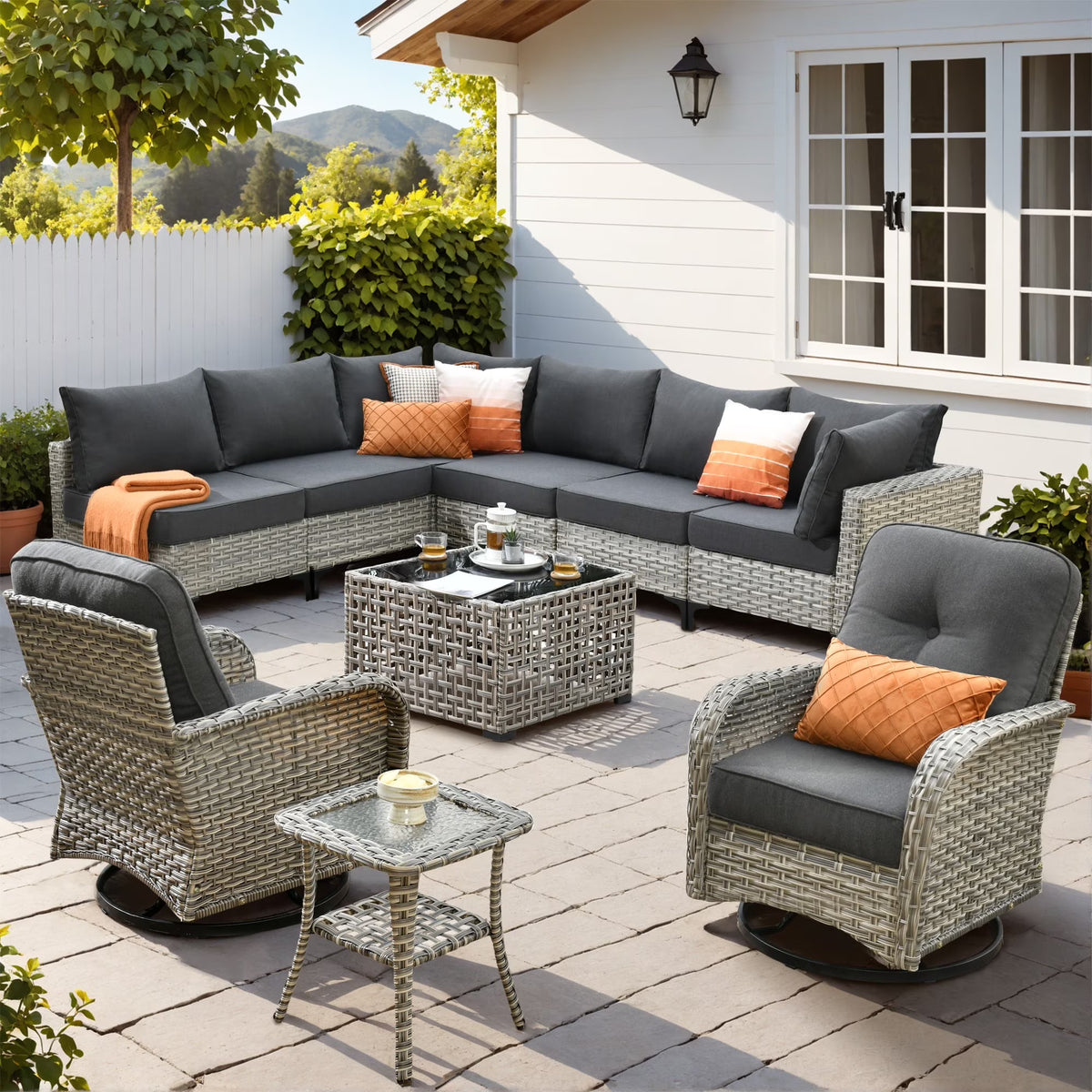 Vcatnet Outdoor Patio Furniture Sets 10 Pieces Sectional Sofa Wicker Conversation Set with Swivel Glider Chairs and Solar Powered Coffee Table for Porch,Backyard,Gray