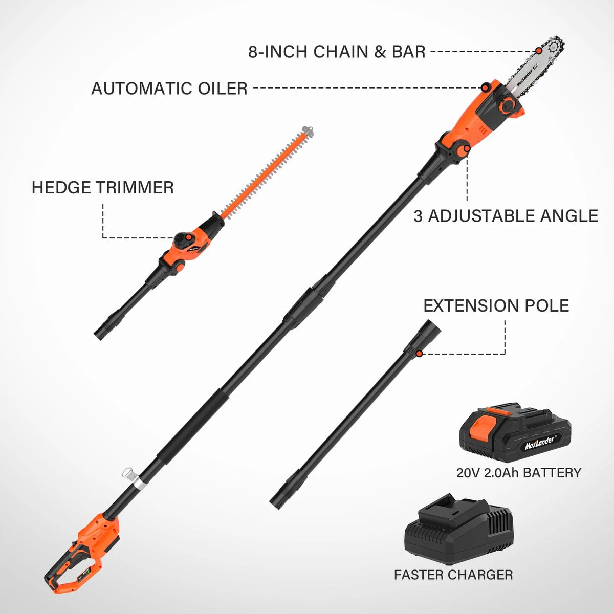 Maxlander Pole Saw 8-Inch Cordless Pole Saws for Tree Trimming and 18-Inch Pole Hedge Trimmer 2-in-1, 15-Feet MAX Reach, 16ft/s Speed, Auto Oiling Pole Chainsaw with 20V 2.0Ah Battery & Charger