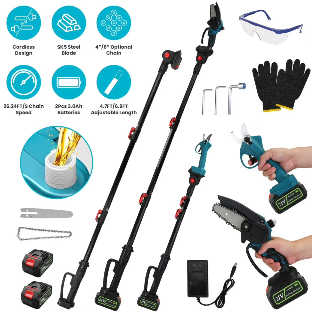 4-in-1 Pole Pruning Shears, Electric Pruning Shears & pole saws for tree trimming with 7 adjustable head angles,Cordless Pole Shears and Battery Pole Saw with 2Pcs 3000mAh rechargeable batteries