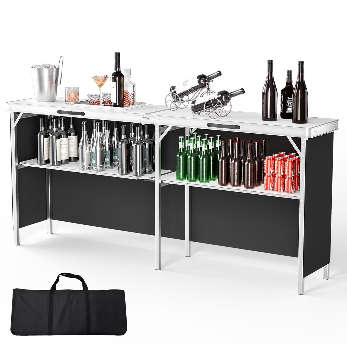 Ktaxon 78" Foldable Bar Table, Mobile Bar with 3-Tier Shelves & Carry Bag - Perfect for Events, Parties, Camping, Picnics, Tradeshows, and Both Outdoor/Indoor Use (Comes with Black Skirt, Black)