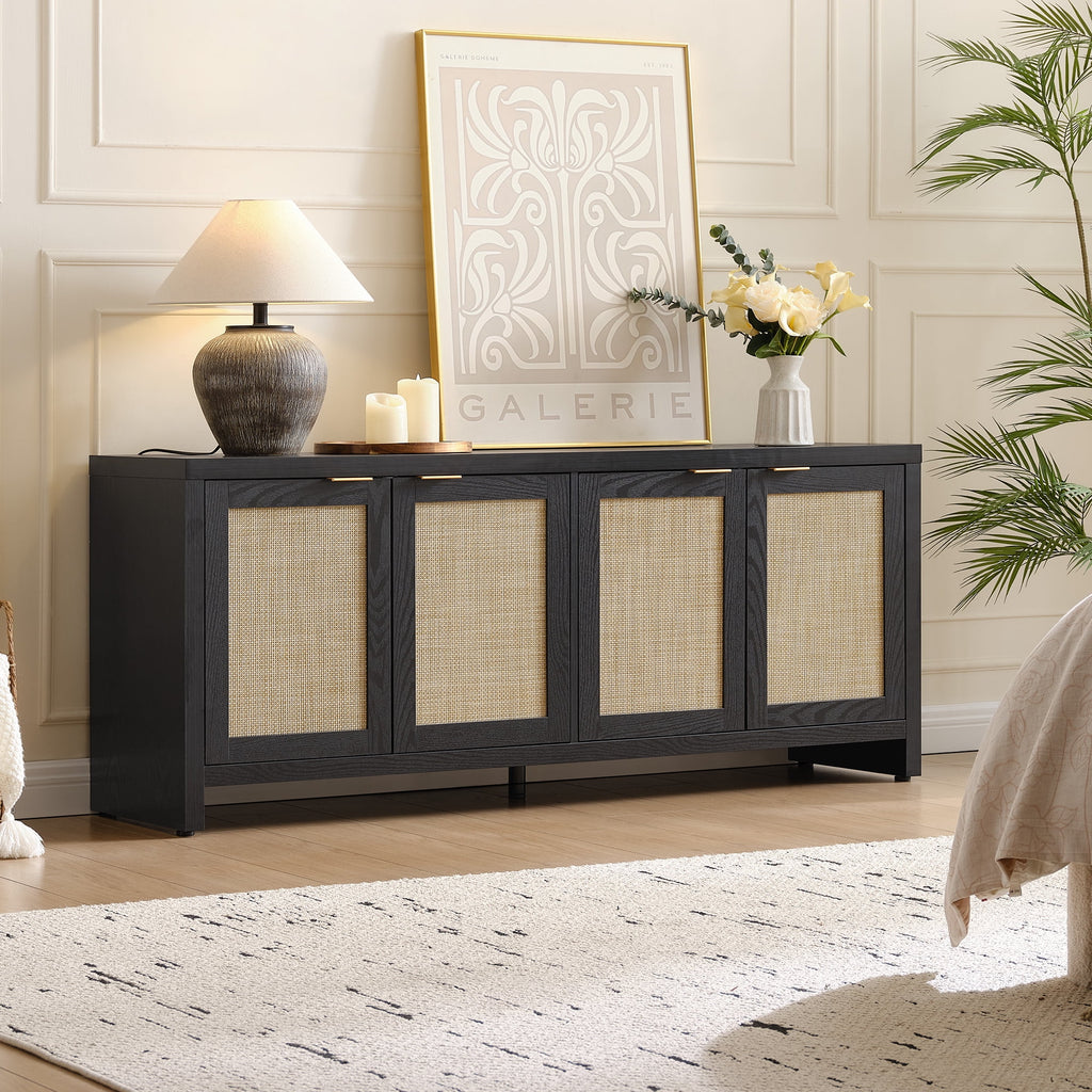 SICOTAS 61.5"W Rattan TV Stand with 4 Doors, Boho Entertainment Center with Adjustable Shelves & Spacious Countertop Large Boho Farmhouse Media Console for Living Room, Reclaimed Caramel Oak