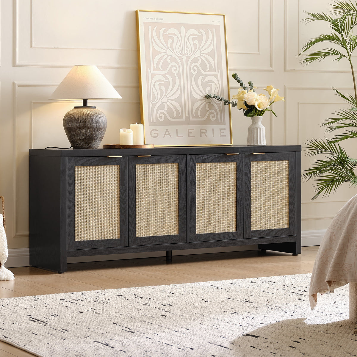 SICOTAS 61.5"W Rattan TV Stand with 4 Doors, Boho Entertainment Center with Adjustable Shelves & Spacious Countertop Large Boho Farmhouse Media Console for Living Room, Reclaimed Caramel Oak